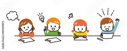 colorful illustration of kids studying at the desk