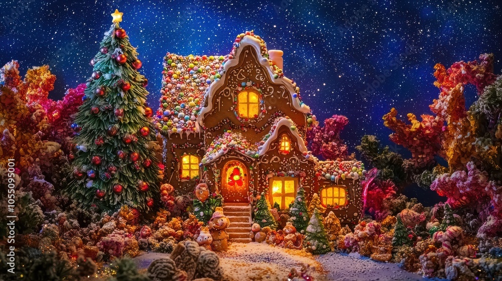 Fototapeta premium Whimsical Gingerbread House Under a Starry Sky