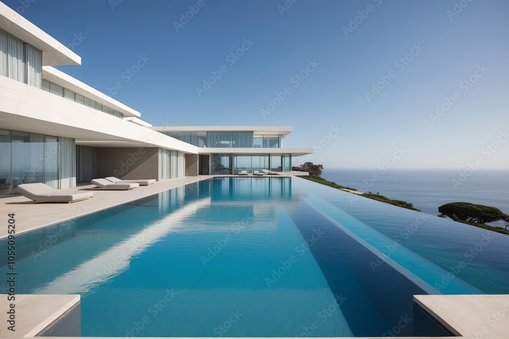 Modern luxury villa with infinity pool overlooking the ocean on a clear sunny day Modern luxury villa with infinity pool overlooking the ocean on a clear sunny day