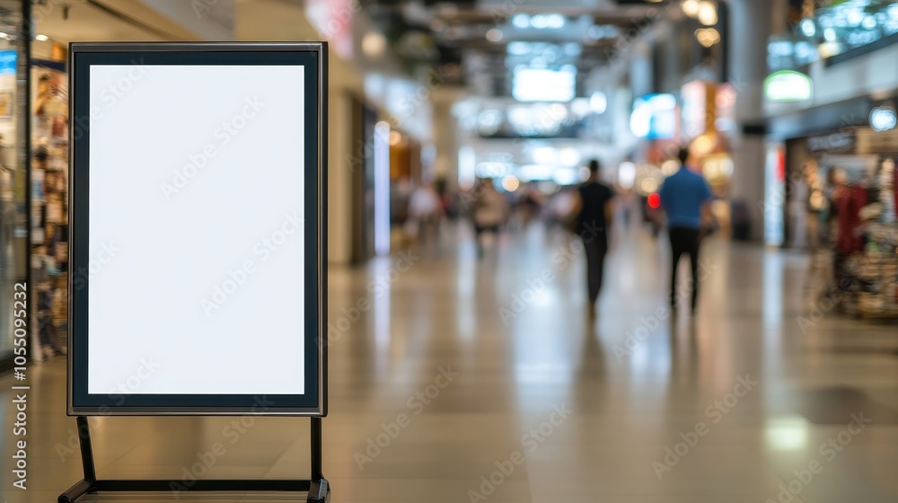 A blank banner mockup stands on a metallic frame, surrounded by shoppers in a busy mall A blank banner mockup stands on a metallic frame, surrounded by shoppers in a busy mall