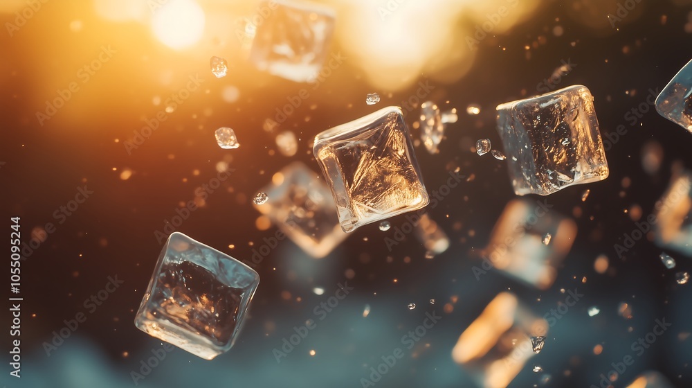 Close-up of floating ice cubes in the air, sunset light, natural blurred background. Close-up of floating ice cubes in the air, sunset light, natural blurred background.