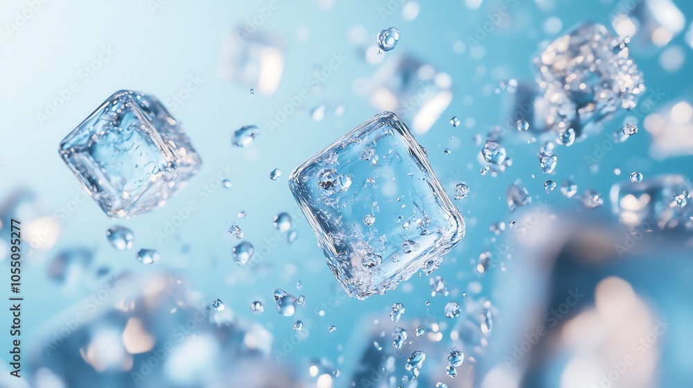 Floating ice cubes on a light blue background, close-up, fresh, minimalistic banner design. Floating ice cubes on a light blue background, close-up, fresh, minimalistic banner design.