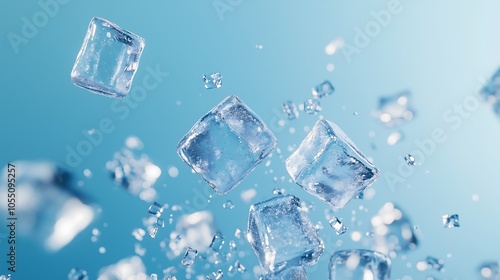 Floating ice cubes on a light blue background, close-up, fresh, minimalistic banner design.