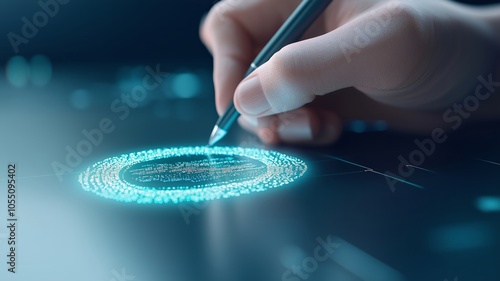 A closeup of a hand signing a virtual endofyear financial contract, the hologram glowing around the signature, digital art photo