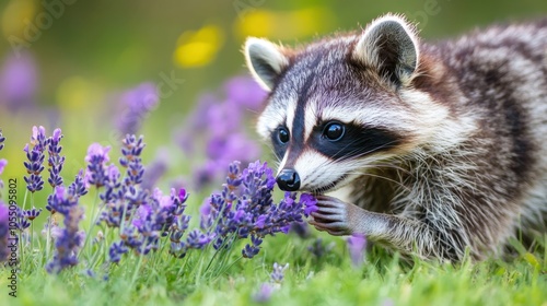 small raccoon sniffing lavender flowers with relaxed posture, surrounded by green grass, in daylight