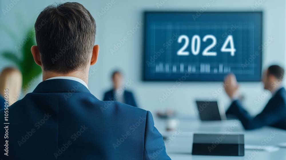 Businesspeople in a corporate meeting room with 2024 projected on a screen, financial data charts, Corporate planning , New year projections Businesspeople in a corporate meeting room with 2024 projected on a screen, financial data charts, Corporate planning , New year projections