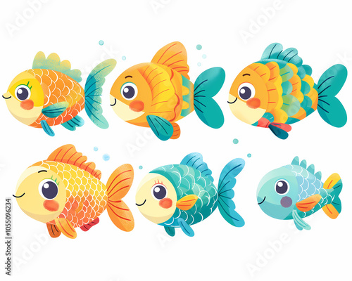 Colorful cartoon fish swimming joyfully in a vibrant underwater world