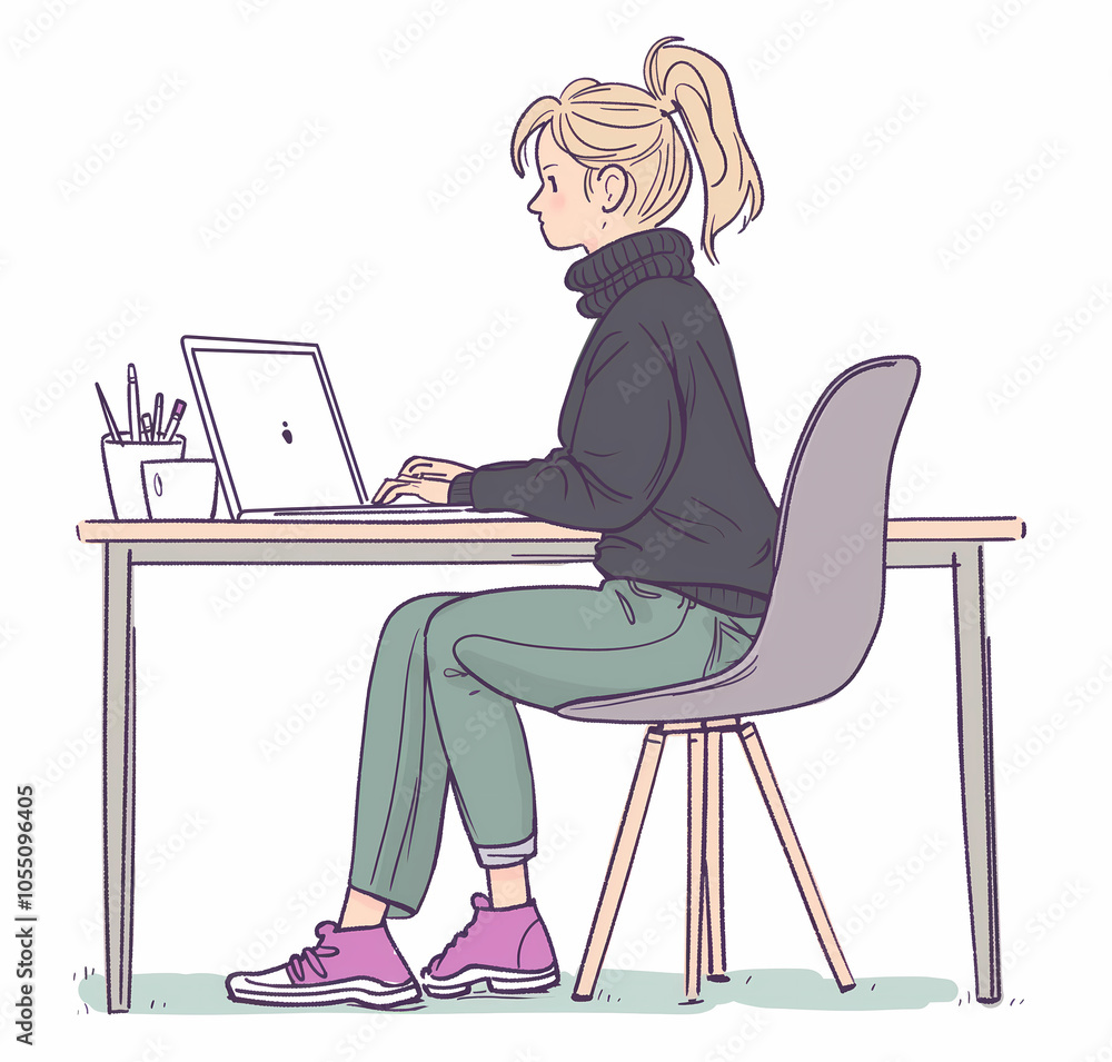 A young woman working at a cozy desk in a creative workspace during a sunny afternoon A young woman working at a cozy desk in a creative workspace during a sunny afternoon