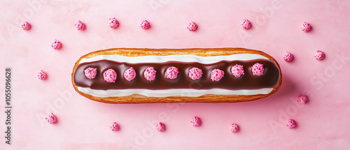 Delicious chocolate eclair topped with pink cream, set against a playful pink background. Perfect for dessert lovers and pastry enthusiasts. photo