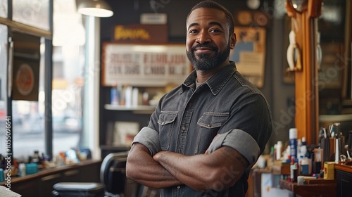 Confident Barber at Work in a Stylish Shop