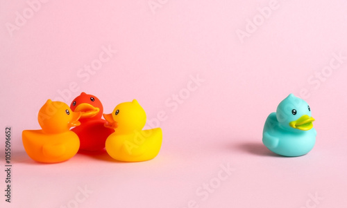 Three rubber ducks stand in front of one blue rubber duck. The concept of rejection.