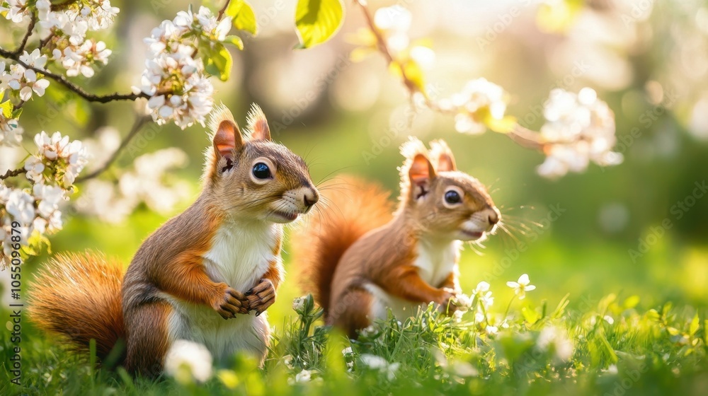 Squirrel standing behind another squirrel on green grass surrounded by blooming bushes in natural daylight Squirrel standing behind another squirrel on green grass surrounded by blooming bushes in natural daylight