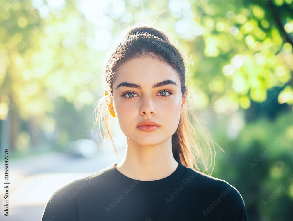 Young woman with a serious expression in natural sunlight, standing outdoors, embodying confidence, authenticity, and modern beauty in a serene setting. Young woman with a serious expression in natural sunlight, standing outdoors, embodying confidence, authenticity, and modern beauty in a serene setting.