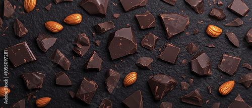 Delicious dark chocolate pieces with almonds scattered on a dark surface, perfect for desserts or as a sweet snack.