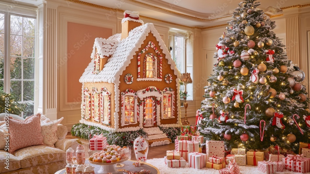 Bright Gingerbread House with Lush Christmas Tree Bright Gingerbread House with Lush Christmas Tree