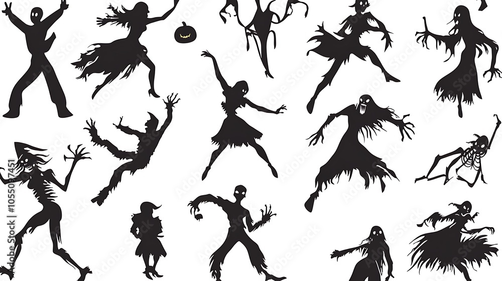 Halloween lively silhouette patterns with dancing characters Halloween lively silhouette patterns with dancing characters