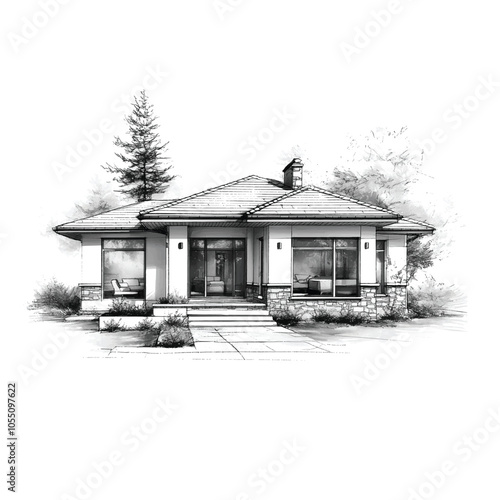 Sketch of a house project with large windows, drawn with a black brush. Vector