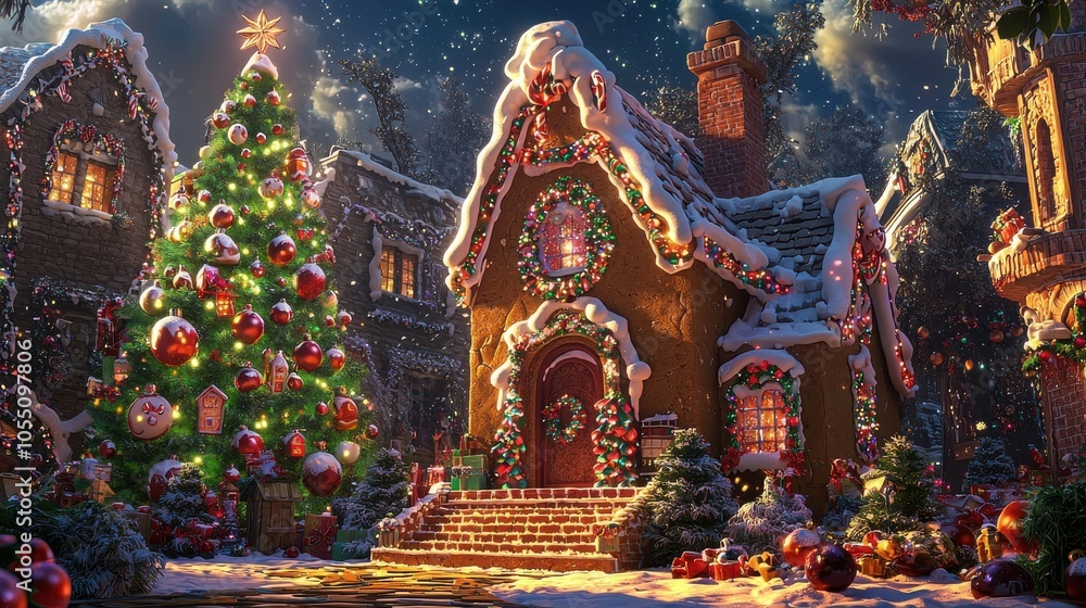 Enchanted Gingerbread House with Radiant Christmas Tree Enchanted Gingerbread House with Radiant Christmas Tree