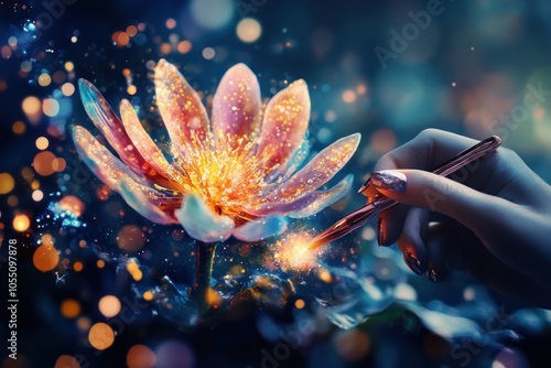 A Hand Painting a Sparkling Water Lily with a Brush