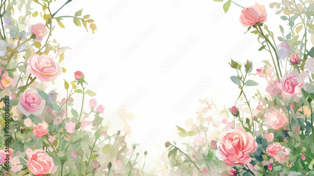 Vibrant watercolor composition of a rose garden with lush pink flowers and green foliage, isolated on white background for postcards, banners Vibrant watercolor composition of a rose garden with lush pink flowers and green foliage, isolated on white background for postcards, banners