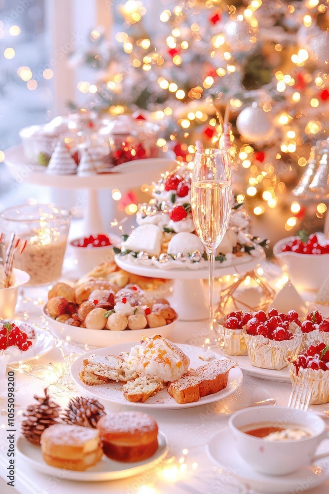 Winter holiday dining with a table full of festive food, twinkling lights and cozy decorations, flat design illustration Winter holiday dining with a table full of festive food, twinkling lights and cozy decorations, flat design illustration