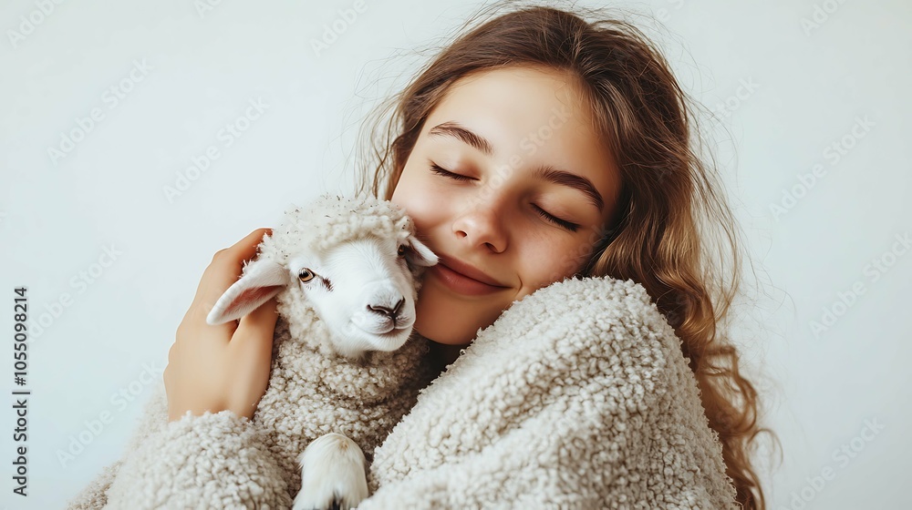 beautiful woman happy time Playing with lamb , sheep farm, count sheep before bed beautiful woman happy time Playing with lamb , sheep farm, count sheep before bed