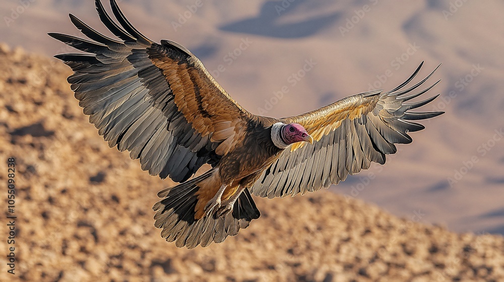 Fototapeta premium A Hooded Vulture soars over a rocky desert landscape with its wings spread wide.