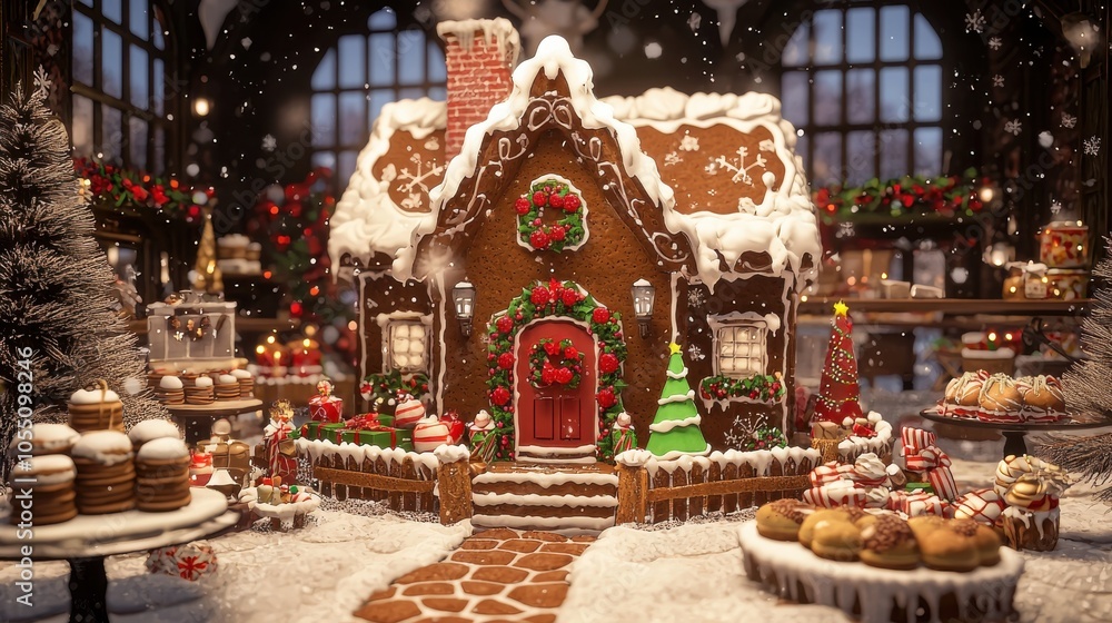 Fototapeta premium Cozy Gingerbread House Surrounded by Christmas Joy