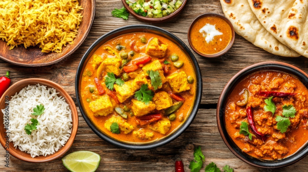 Vibrant Curry Spread with Basmati Rice and Naan Vibrant Curry Spread with Basmati Rice and Naan
