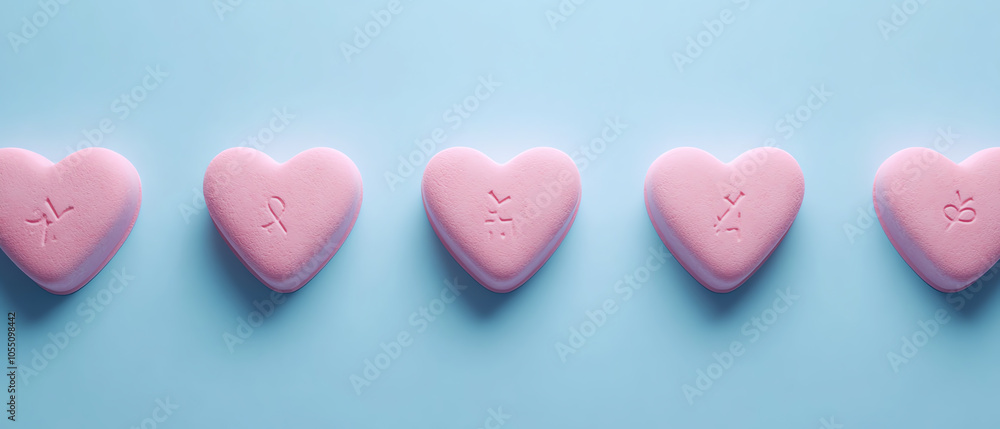 Obraz premium Five pink heart-shaped candies arranged on a blue background, perfect for Valentine's Day or romantic themes.
