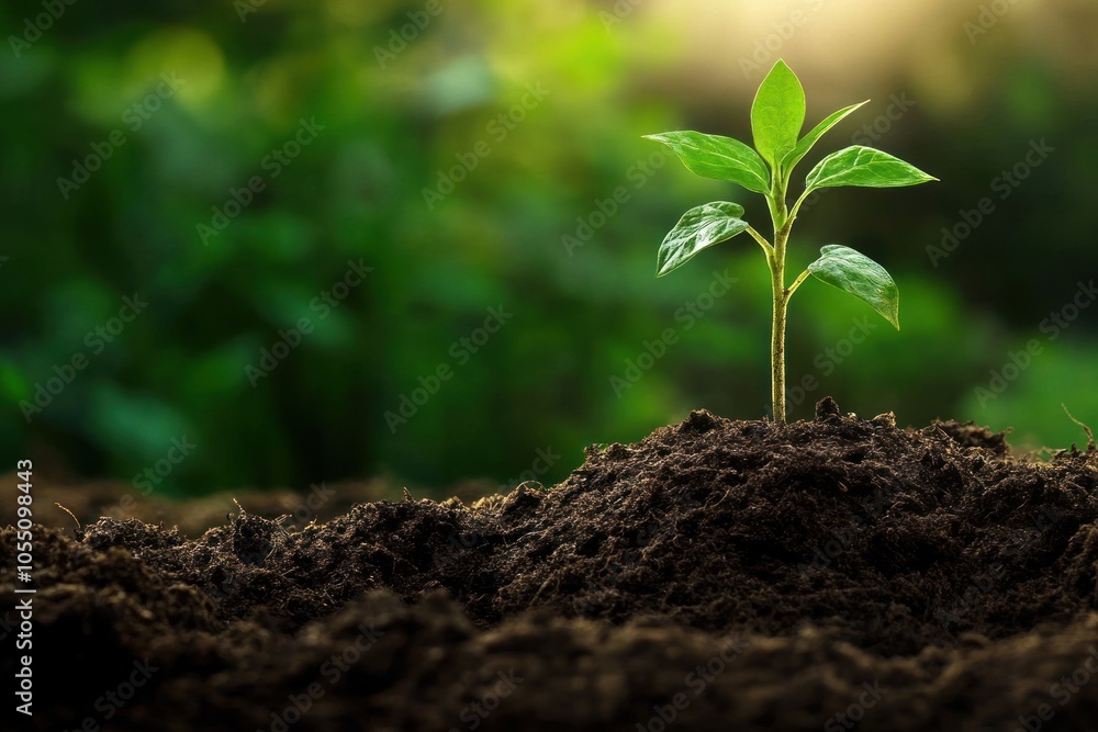 Fototapeta premium A Single Green Sprout Emerging from Dark Soil