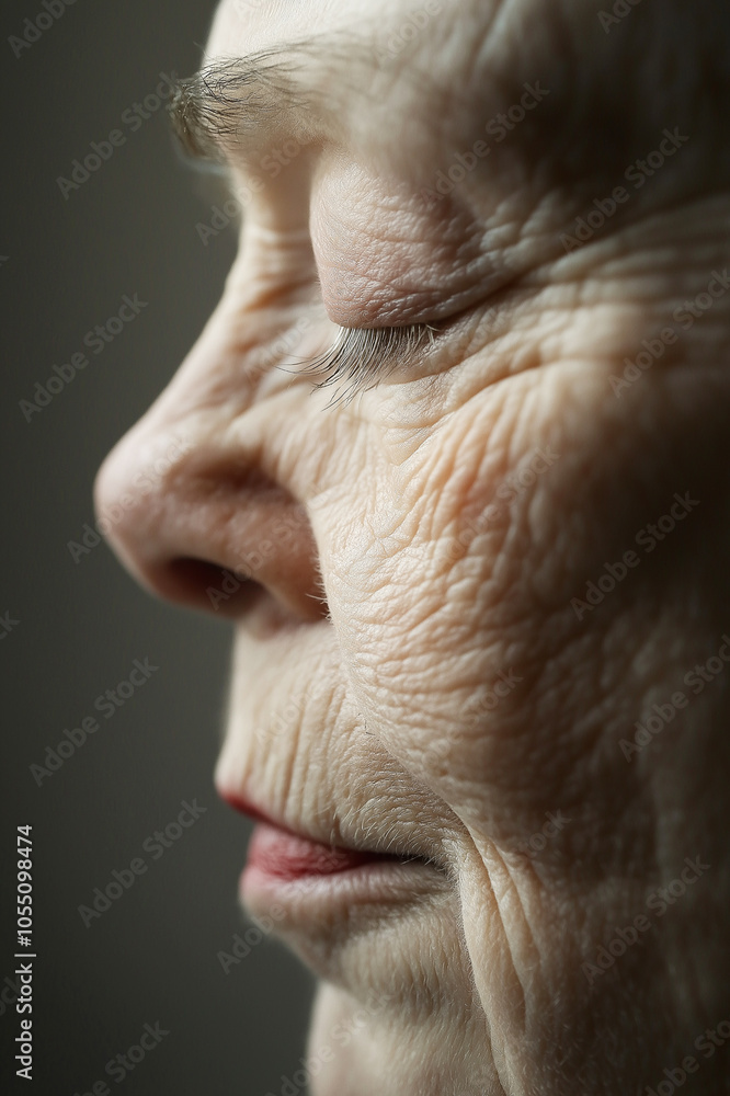 Close-up of an elderly woman’s face, highlighting her wrinkles and textured skin, symbolizing wisdom, aging, and the beauty of experience in natural light.