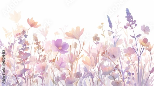 Soft watercolor spring meadow with wildflowers in gentle pink and purple hues isolated on white background minimalistic composition for greeting cards banners high quality detail and sharp definition