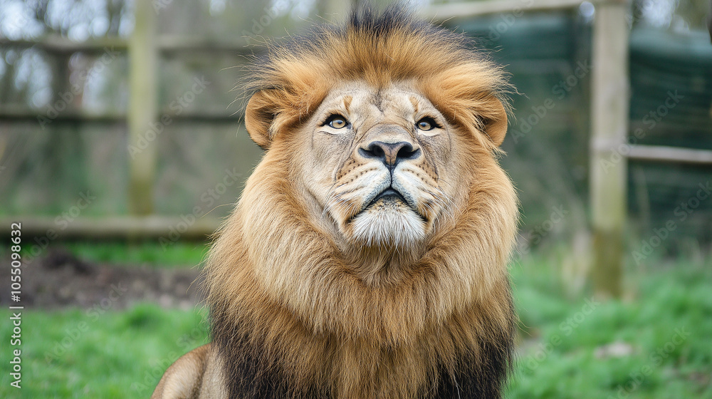 Majestic lion sitting on grass, looking regal with a calm, intense gaze. Its thick mane and powerful posture exude strength and confidence in the natural habitat. Majestic lion sitting on grass, looking regal with a calm, intense gaze. Its thick mane and powerful posture exude strength and confidence in the natural habitat.