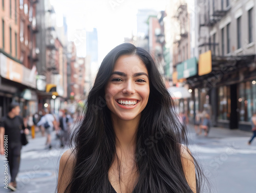 A smiling young woman with long dark hair standing in an urban street, embodying happiness, confidence, and modern city life on a bright day.