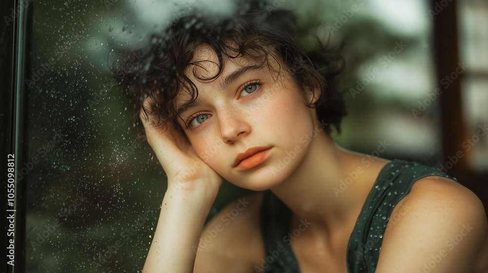 A young woman gazes thoughtfully out of a rain-streaked window, lost in deep reflection. The muted lighting adds a sense of nostalgia and introspection to the scene. A young woman gazes thoughtfully out of a rain-streaked window, lost in deep reflection. The muted lighting adds a sense of nostalgia and introspection to the scene.