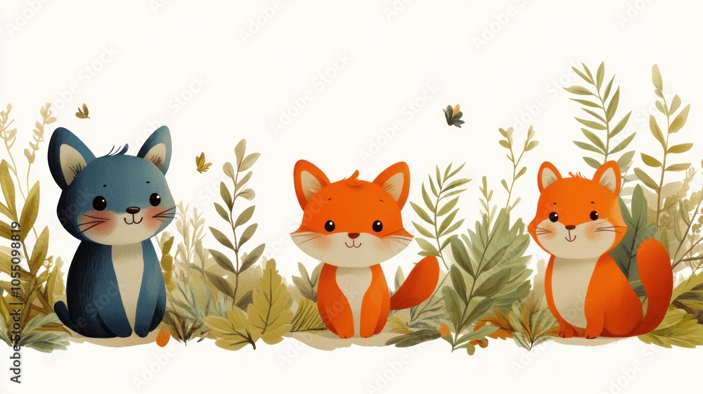 Two Orange Foxes and a Blue Cat Sitting in Green Foliage Two Orange Foxes and a Blue Cat Sitting in Green Foliage