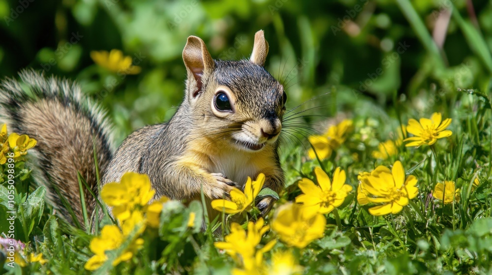 Fototapeta premium Gray-striped squirrel among yellow flowers on green grass with a curious look, natural sunlight