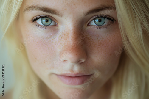 Close-up of a woman with freckles and piercing blue eyes, capturing natural beauty and an expressive gaze. The image emphasizes simplicity and elegance in portrait photography.