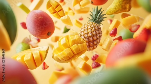 Fototapeta Naklejka Na Ścianę i Meble -  A variety of tropical fruits like mangoes and pineapples falling together with realistic textures