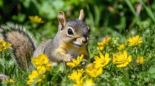 Gray-striped squirrel among yellow flowers on green grass with a curious look, natural sunlight