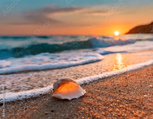 A vibrant beach scene at sunset featuring a small crab on wet sand near the shoreline. The golden light of the setting sun reflects off the waves, creating a serene and picturesque atmosphere. The cra photo