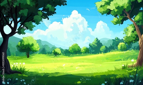 Green Grass Field with Lush Trees and Blue Sky - Relaxing Nature Scenery