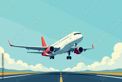 Airplane Taking Off from Runway into Clear Sky