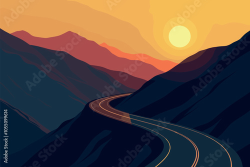 Winding Road Through Mountains at Sunset with Vibrant Sky
