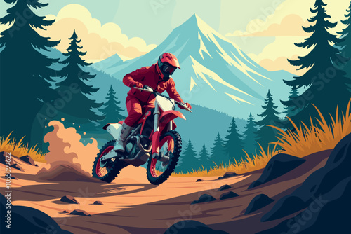 Dirt Biker Riding Through Mountain Trail in Forest Landscape