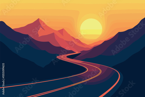 Winding Road Through Mountains at Sunset with Vibrant Sky