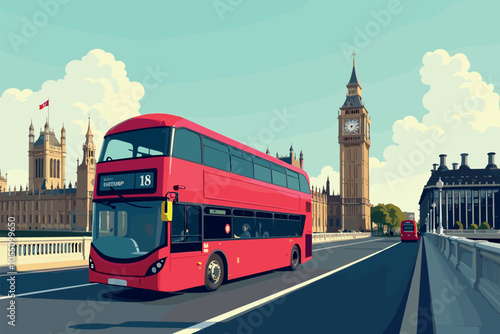 Iconic Red Double-Decker Bus Driving Near Big Ben in London