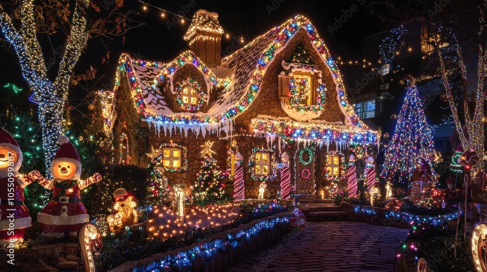 Fototapeta premium Magical Gingerbread House Surrounded by Christmas Lights