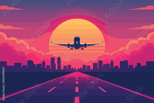 Airplane Landing Over City Skyline at Vibrant Sunset